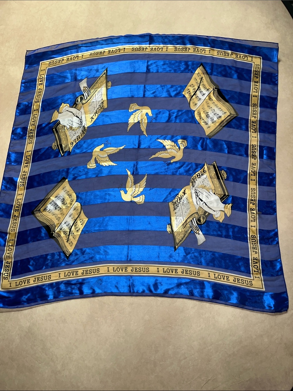 Religious Blue And Gold Striped Scarf Head Wrap With Doves & Open Bible Motif